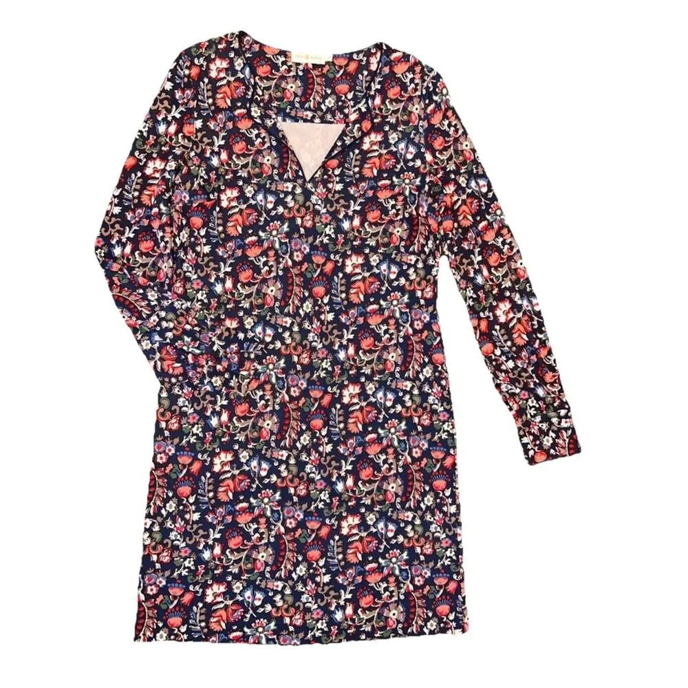 Tory Burch Floral Folk Print Long Sleeve Dress V-Neck Keyhole Stretch Knit L